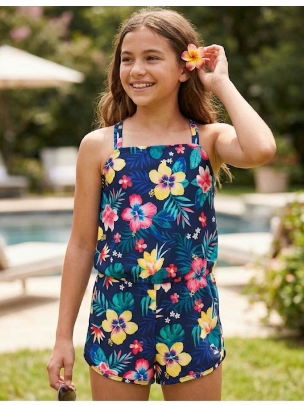 Abercrombie Kids Pool-to-Play Romper in a blue floral print.
